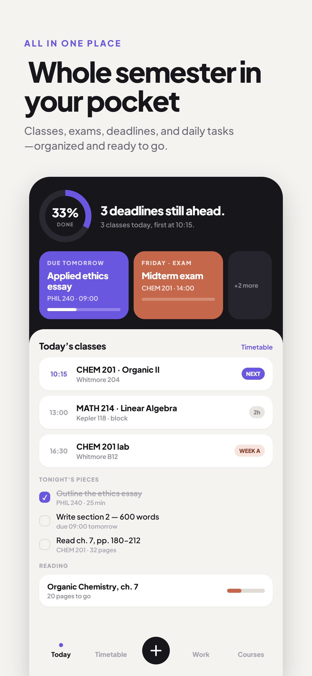 Academix Today screen showing next class, deadlines and tasks